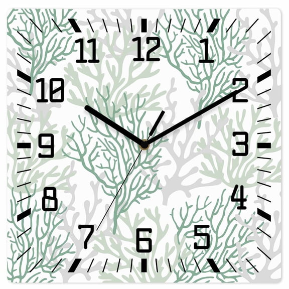 Sage Green Coral Coastal Wooden Wall Clock Silent Non Ticking, Summer Beach Seaside Nautical Square Wall Clocks Battery Operated, Decor Clock for Home Office, Living Room, Kitchen, 12 Inch