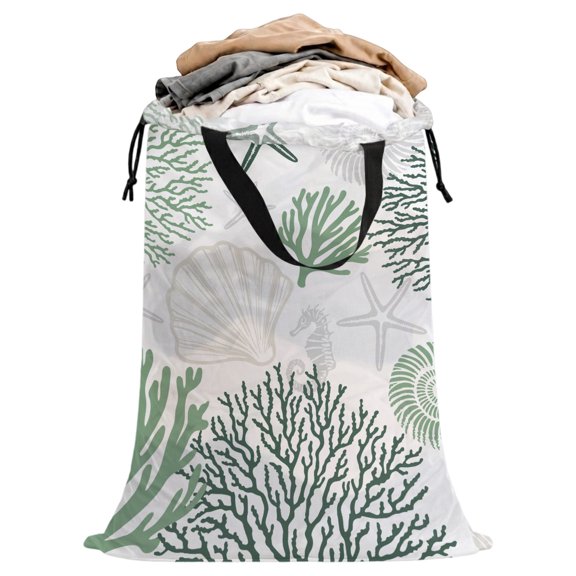 Sage Green Coral Extra Large Laundry Bag 25"x38" Starfish Seashell Ocean Beach Laundry Storage Bags with Handles & Drawstring Closure, Dirty Clothes Hamper Organizer for College Dorm Travel