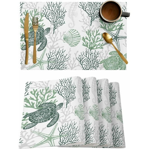 Sage Green Coral Placemats Set of 4,Washable Woven Burlap Cloth Fabric Placemat for Square/Rectangle/Round/Oval Dining Table,Easy Clean Place Mats for Kids Turtle Shell Jellyfish Seahorse White Grey