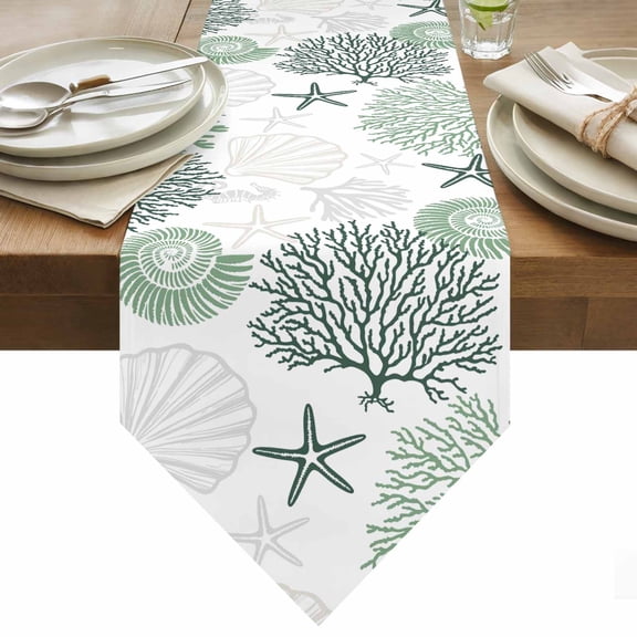 Sage Green Coral Table Runner 36 Inches Long Starfish Seashell Ocean Beach Table Runners for Dining Room Tabletop Dresser Scarf Home Party Banquet Wedding Holiday Decoration