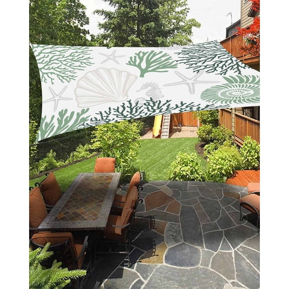 Sage Green Coral Waterproof Sun Shade Sail Starfish Seashell Ocean Beach Outdoor Patio Sun Shades Canopy UV Block Waterproof Sunshade for Garden Backyard Deck Pergola 6.5x10 Ft