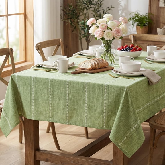 Sage Green Cotton Blend Tablecloth 6084 Inch Rectangular, Farmhouse Style, Wrinkle Resistant Washable Table Cloth, Hemstitched Embroidery Table Cover for Home