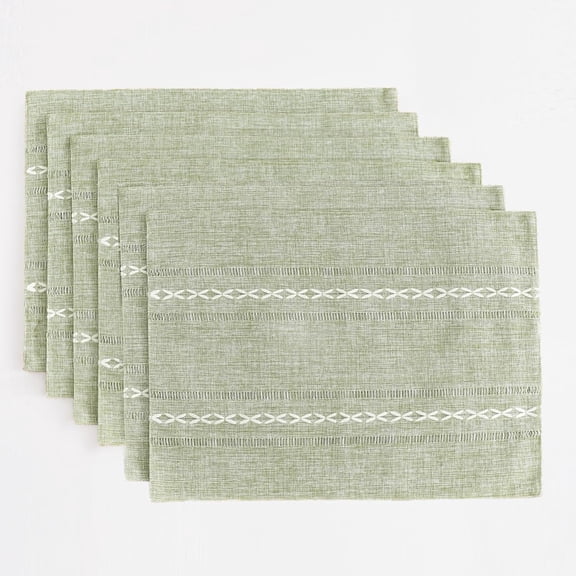 Sage Green Cotton Linen Placemats Set of 6, 12 x 18 Inch Rustic Hemstitch Place Mats for Kitchen Dining Table Decor