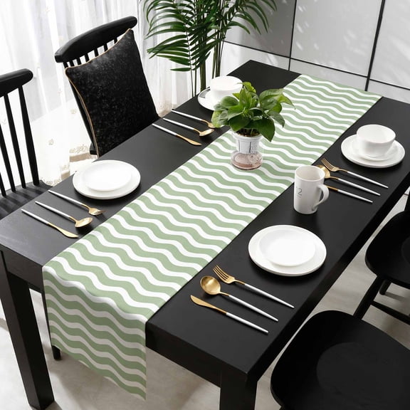 Sage Green Cotton Linen Small Table Runner 13 x 36 inch Modern Abstract Waves Water Ripple Striped Non-slip Rectangular Dining Table Decor for Wedding Party Holiday Dinner