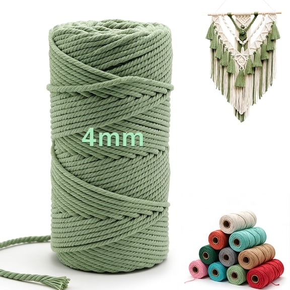 Sage Green Cotton Macrame Rope - 4mm x 109Yards (328Feet), 4 Strands Twisted Macrame Cord for Bohemia Wall Hanging, Crafts, Plant Hangers, DIY Knitting,Wedding Decor