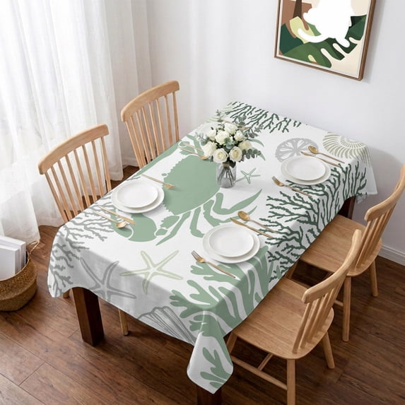 Sage Green Crab Coastal Table Cloth Waterproof Tablecloths, Summer Coral Nautical Tablecloth Dining Table Cover for Kitchen Party Tabletop Outdoor, Rectangle Tablecloth 60x84 Inch