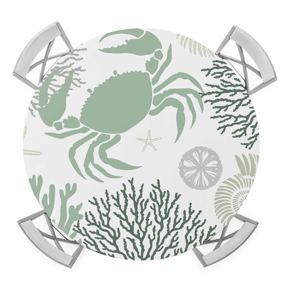 Sage Green Crab Elastic Fitted Round Table Cover Coral Starfish Shell Waterproof Outdoor Tablecloth for Holiday Party, Picnic, Patio & Dining Fits Tables Up to 45"-54"