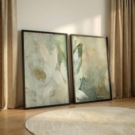 Sage Green & Cream Abstract Art Prints Botanical Leaf Brushstroke Diptych Calming Nature Bedroom Art Modern Organic Decor Set 2