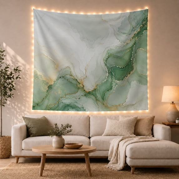 Sage Green and Cream Swirls on White Marble Background, Serene Abstract for Art Lovers, Natural Stone Inspired Wall Art, Housewarming Gift, Tapestry Wall Hanging for Living Room and Bedroom