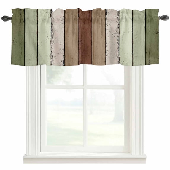 Sage Green Curtain Valances for Windows, Kitchen Valance Window Treatment, Farmhouse Wood Grain Vintage Brown Striped Light Filtering Block Curtains for Bathroom/Bedroom/Living Room 60'' x 18''