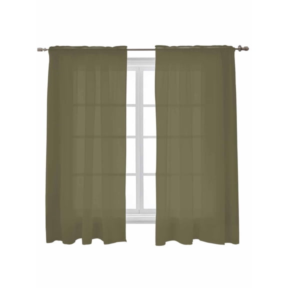 Sage Green Curtains 72 Inch Length, Sheer Curtains for Bedroom Living Room Window Brown Solid Color Simple Abstract Rod Pocket Voile Drapes Kitchen Curtains Small Half Window 52"x72" 2 Panels