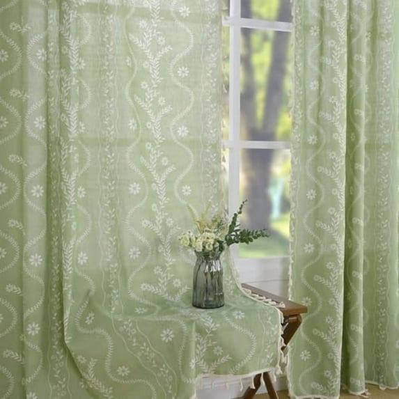 Sage Green Curtains for Living Room, Boho Semi Sheer Floral Curtains 84 Inches Length 2 Panels, Vintage Farmhouse Printed Patterned Tassels Country Curtain Drapes