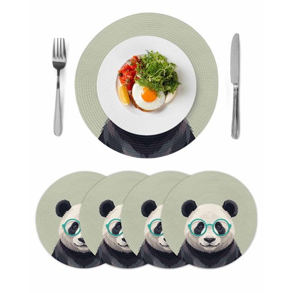 Sage Green Cute Panda Round 13 Inch Placemats Set of 4, Funny Animals Modern Art HeatResistant Non Slip Place Mats for Dining Table, Wipeable Braided Kitchen Table Mats for Housewarming