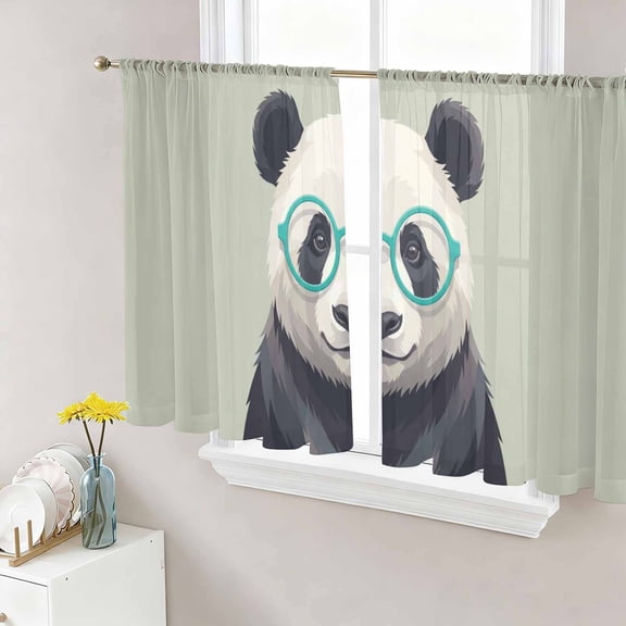 Sage Green Cute Panda Sheer Curtains 54 Inches Length 2 Panels Set, Window Sheer Curtains for Living Room/Bedroom, Funny Animals Modern Art Light Filtering Rod Pocket Curtain 52''x54''x2