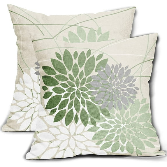 Sage Green Dahlia Pillow Covers 18X18 Inch Spring Geometric Floral Elegant Line Modern Flower Pillow Case Farmhouse Outdoor Decor for Home Bedroom Living Room Linen Square Cushion Cover, Set of 2
