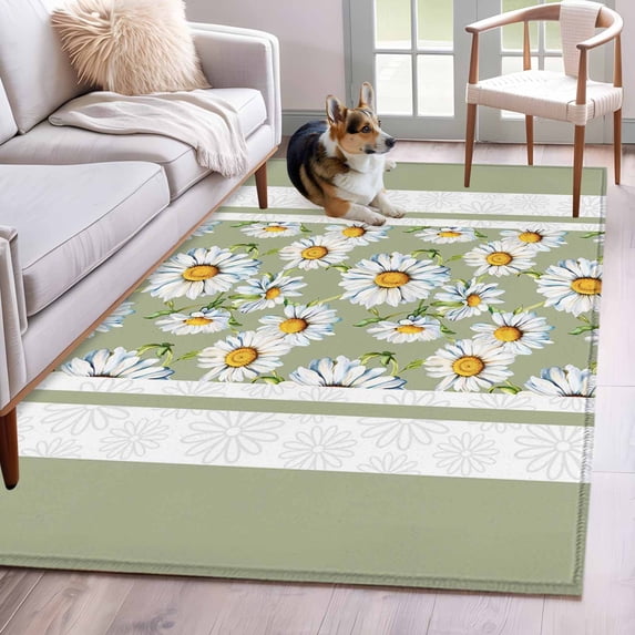 Sage Green Daisy Area Rug 4x6 FT, Non Slip Kids Room Carpet, Farmhouse Floral Green Striped Washable Soft Floor Carpet Non-Shedding Throw Rug for Dorm Kitchen Study Room Home Office Bedside
