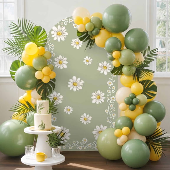 Sage Green Daisy Flower Arch Backdrop Cover, 6FT, Farmhouse Floral Summer Country Spandex Arch Covers Double-Sided Backdrop for Wedding Birthday Party Photo Background Decoration