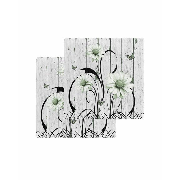 Sage Green Daisy Kitchen Dish Towels for Drying Dishes Set of 2, Retro Farmhouse Botanical Floral Wooden Waffle Weave Microfiber Terry Hand Tea Bathroom Towels Quick Dry & Absorbent Towel 12x12