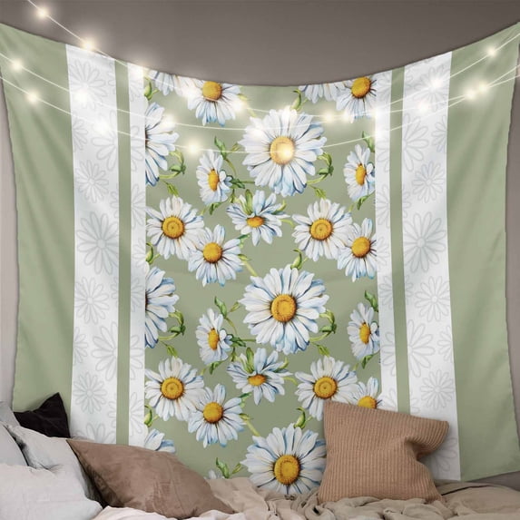 Sage Green Daisy Large Tapestry for Bedroom Wall Hanging Tapestry, Farmhouse Floral Green Striped Ceiling Backdrop Tapestries Poster Blanket Wall Decor for Teens Room Living Room Dorm 85" x 90"