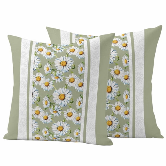 Sage Green Daisy Outdoor Waterproof Pillow Covers, Farmhouse Floral Green Striped Decorative Square Throw Pillowcase Sofa Cushion Sham for Patio/Couch/Chair, 18"x18" 2 Pack