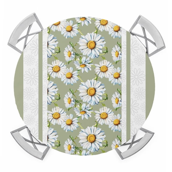 Sage Green Daisy Round Tablecloth for 36-44 Inch Tables, Fitted Table Cover with Elastic Edge, Farmhouse Floral Green Striped Waterproof Outdoor Table Cloth Protector for Patio Garden Dinner Picnic