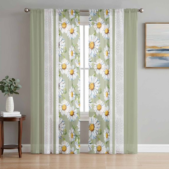 Sage Green Daisy Semi Sheer Curtains 108 Inch Length 2 Panels Set, Farmhouse Floral Green Striped Sheer Kitchen Curtain Privacy Voile Window Curtain for Living Room Bedroom Rod Pocket Drapes