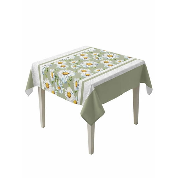 Sage Green Daisy Table Cloth, Farmhouse Floral Green Striped Waterproof Tablecloth for Square Tables, Reusable Washable Fabric Table Cover for Restaurant Kitchen Dining Tables 54"x54"