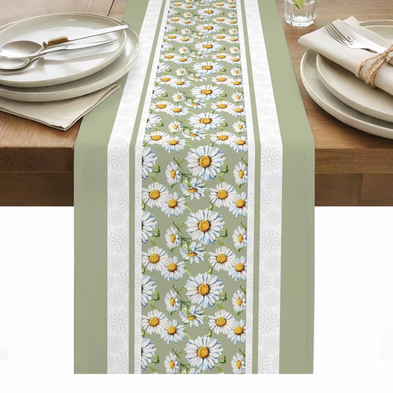 Sage Green Daisy Table Runner - 60 Inch Long, Kitchen Dining Table Runner Dresser Scarves, Farmhouse Floral Green Striped Farmhouse Decor for Coffee Tables Wedding Party Banquet