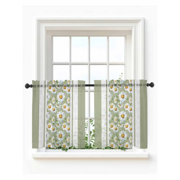 Sage Green Daisy Tier Curtains 36 Inch Length,Sheer Curtains for Bedroom Living Room Window Farmhouse Floral Green Striped Rod Pocket Drapes Kitchen Curtains Small Half Window 27.5"x36" 2 Panels