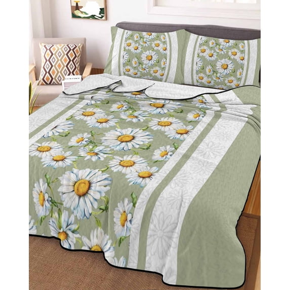 Sage Green Daisy Twin XL Size Down Alternative Comforter, Lightweight Comforter Quilt Bedding Set with Pillow Shams Farmhouse Floral Green Striped All Seasons Bed Comforter Duvet Insert 68"x98"