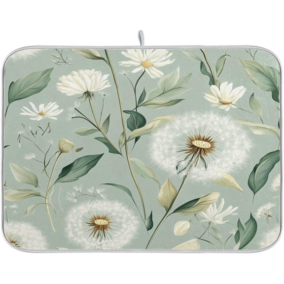 Sage Green Dandelion Floral Spring Dish Drying Mat for Kitchen Counter Microfiber Absorbent Dish Drainer Rack Mat Small Kitchen Drying Mat Heat Resistant Drying Pad for Counter 18x24