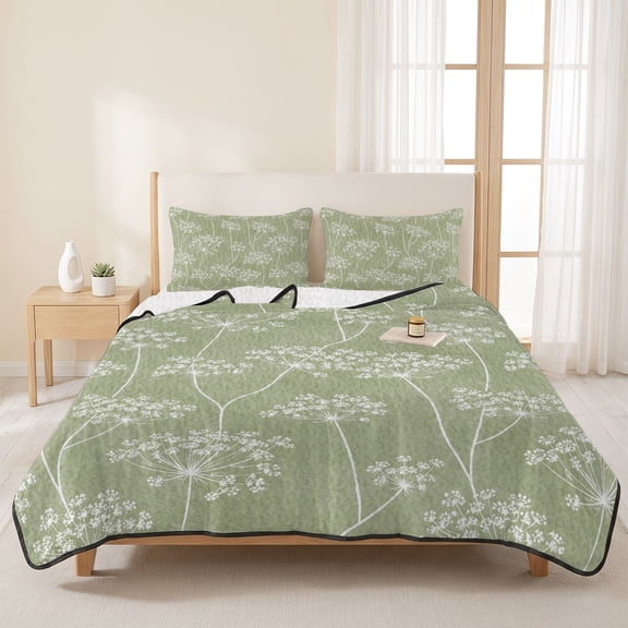 Sage Green Dandelion Flower 3 Pieces Quilt Set,1 Quilt with 2 Shams,Country Plant Bedspread Soft Lightweight Bedding Coverlet Comforter Set for All Season 96"x106"