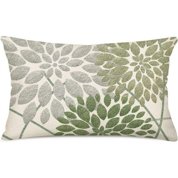 Sage Green Decorative Dahlia Boho Lumbar Pillow Covers 12x20 Inch, Geometric Floral Elegant Gray Green White Decor Rustic Farmhouse Throw Pillows Cushion Cases for Sofa Bed Decorations