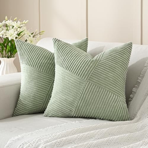 Sage Green Decorative Throw Pillow Covers 18x18 Inch Set of 2, Soft Corduroy Striped Patchwork Windmill Textured Cushion Cases for Couch Sofa Bed, Spring Boho Home Decor