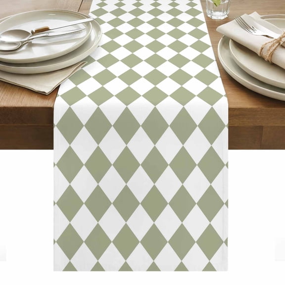 Sage Green Diamond Plaid Cotton Linen Table Runner White Geometric Check Abstract Modern Dining Table Runners for Home Decor Party Dining Room Restaurant Kitchen Party 13" x 90"