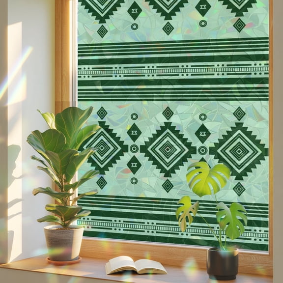 Sage Green Diamond Window Privacy Film, Bohemian Tribal Retro Geometric Stripe Plaid Static Cling Stained Glass Window Sticker Decorative Removable Rainbow Film for Glass 17.7”x39.3”
