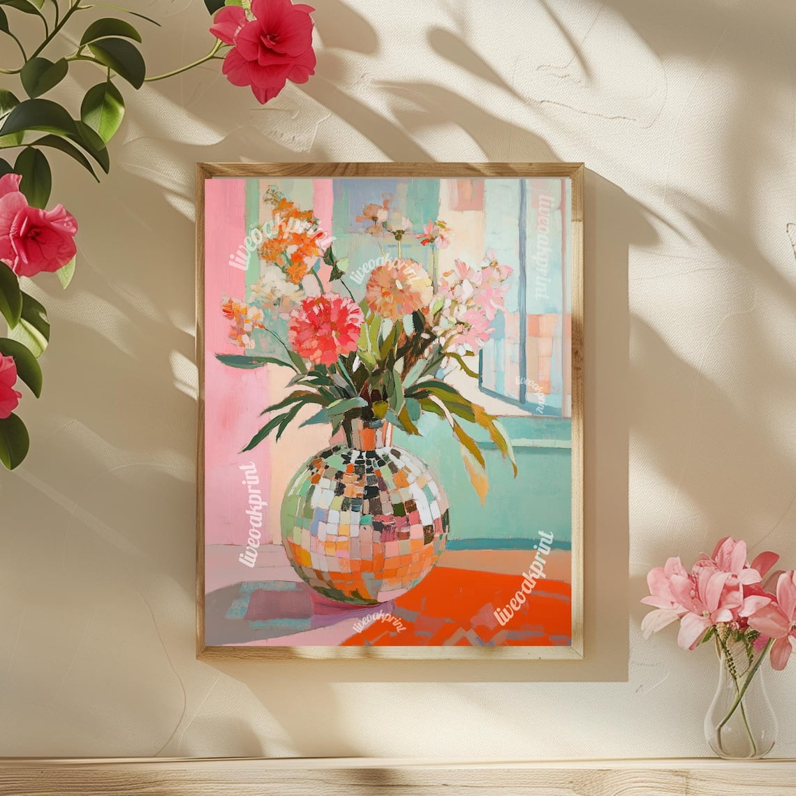 Sage Green Disco Flowers Wall Art Print, Impressionist Funky Boho Decor ...