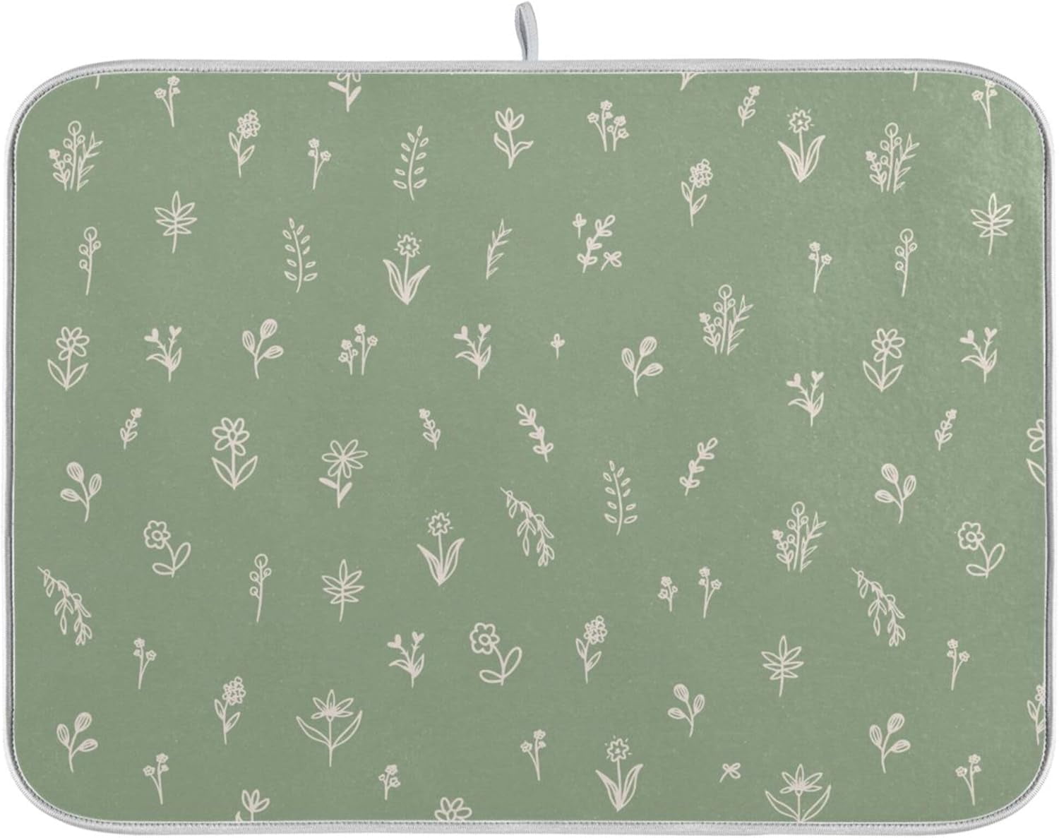 Sage Green Dish Drying Mat Quick Absorbent 16x18 Doodled Botany Flowers Leaves Herbs Plants Kitchen Drying Mat for Countertop Sink Reusable Dishes Mats Kitchen Essentials
