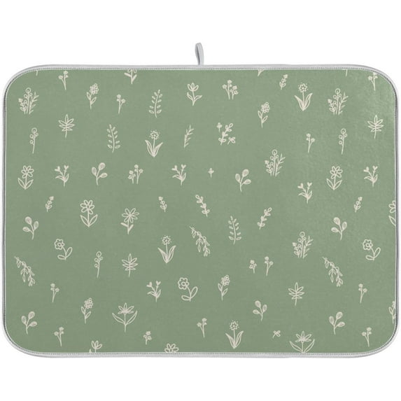 Sage Green Dish Drying Mat Quick Absorbent 16x18 Doodled Botany Flowers Leaves Herbs Plants Kitchen Drying Mat for Countertop Sink Reusable Dishes Mats Kitchen Essentials