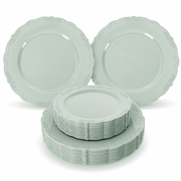 Sage Green Disposable Plastic Party Plates, 30 Dinner 10 Inch & 30 Dessert 7.5 Inch