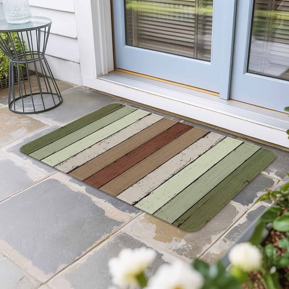 Sage Green Door Mat Indoor Outdoor, Farmhouse Wood Grain Vintage Brown Striped Non Slip Welcome Mat with Rubber Backing, Absorbent Fabric Front Door Mats Entryway Rug for Home Patio Entrance 18"x30"