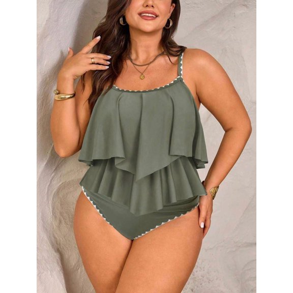 Sage Green Double Ruffle Scallop Trim Plus Size Tankini 2-Piece Swim Set, Modest Tummy Control Resort Swimwear Sizes