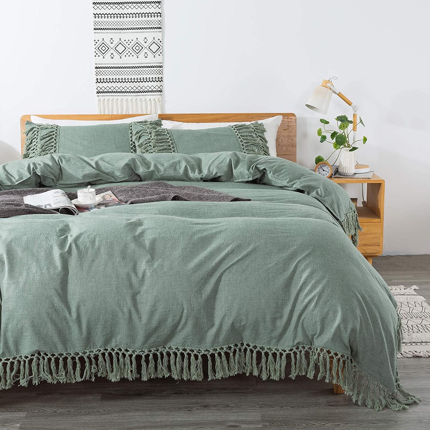 Sage Green Duvet Cover Queen 3 Pcs Boho Bedding Ruffle Tassel Farmhouse Duvet Covers Fringed 100% Washed Cotton