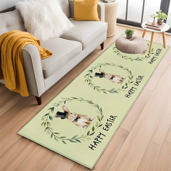 Sage Green Easter 2'x6' Runner Rugs for Hallway Kitchen Bedside Non Slip Washable, Spring Bunny Eucalyptus Leaves Entryway Rug Runners with Rubber Backing, Long Carpet Runner for Laundry Room