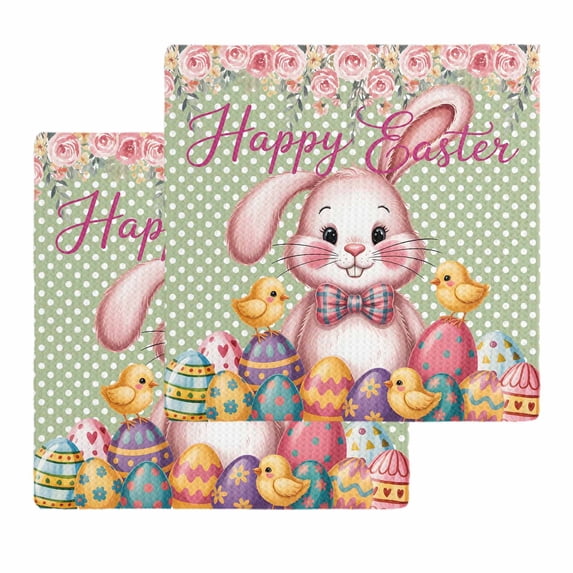 Sage Green Easter Bunny Kitchen Dish Towels for Drying Dishes Set of 2, Spring Easter Eggs Chicken Dots Waffle Weave Microfiber Hand Tea Bathroom Towels Quick Dry & Absorbent Towel 12x12