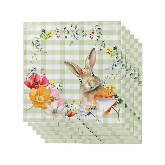 Sage Green Easter Cloth Napkins Set of 6 Reusable Dinner Napkins, Bunny Spring Floral Checkered Cocktail Napkin Washable Table Napkins for Wedding/Holiday Party/Baby Shower 20"x20"