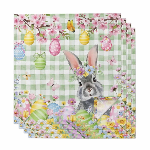 Sage Green Easter Cloth Napkins, Spring Watercolor Bunny Eggs Flower Plaid Washable and Reusable Dinner Napkins Set of 4, Table Napkin for Kitchen Party Birthday Wedding Hotel Housewarming 20"x20"