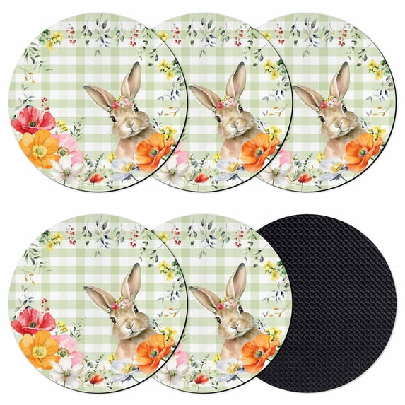 Sage Green Easter Coasters Set of 6, Absorbent Coasters for Drinks, Bunny Spring Floral Checkered Coaster for Desk Coffee Table Protection, Home Decor House Warming Gifts 4"