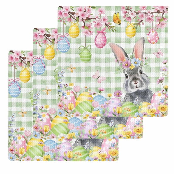 Sage Green Easter Kitchen Dish Towels for Drying Dishes Set of 3, Spring Watercolor Bunny Eggs Flower Plaid Waffle Weave Microfiber Hand Tea Bathroom Towels Quick Dry & Absorbent Towel 12x12
