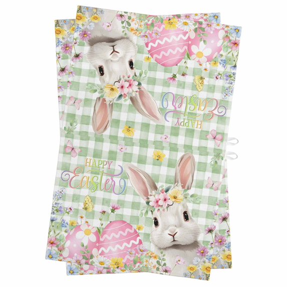 Sage Green Easter Kitchen Towels Set of 2, Water Absorbent Dish Towel, Spring Easter Bunny Eggs Floral Plaid Decorative Hand Towels - Quick Drying Cloth for Cooking Baking, 18x28 Inch
